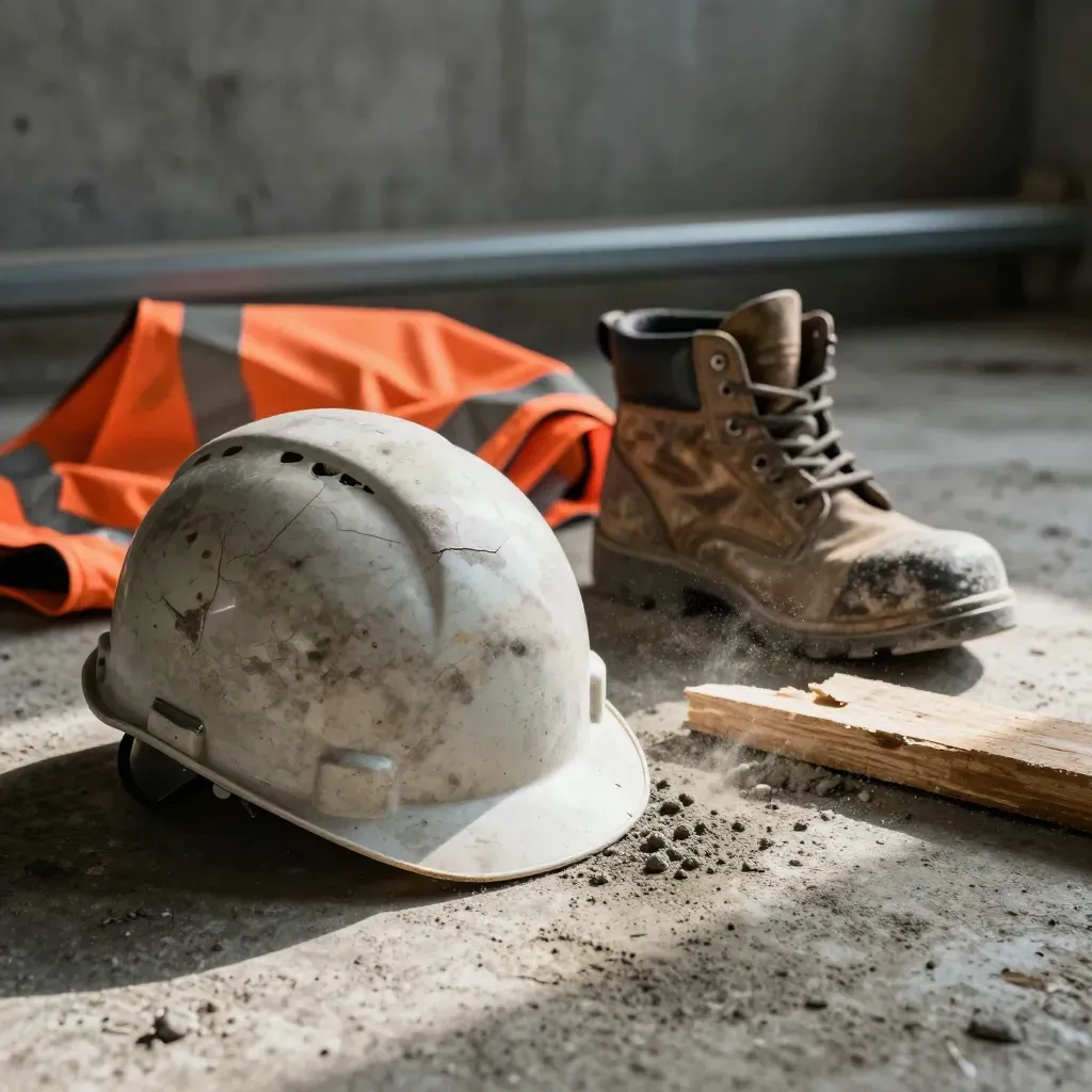 Casco crepato, scarpone, pettorina hi-vis e legno scheggiato su cemento, con polvere in aria.