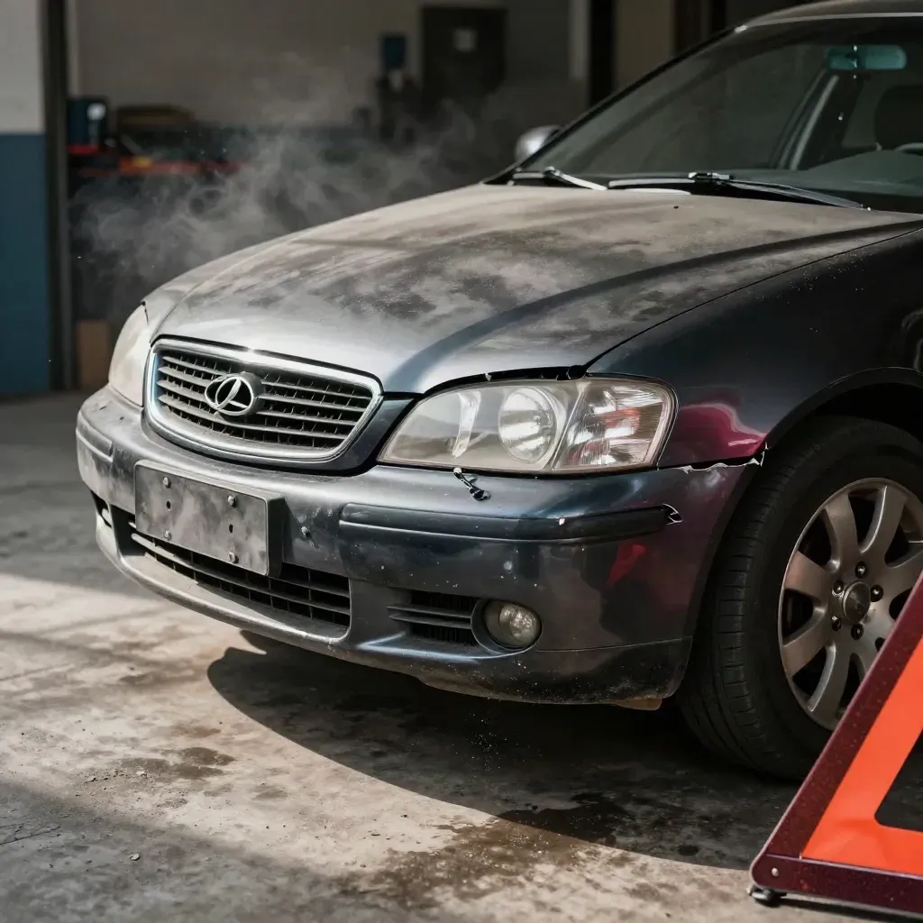 Berlina grigio scuro danneggiata in autorimessa, con triangolo d’emergenza sfocato sul bordo.