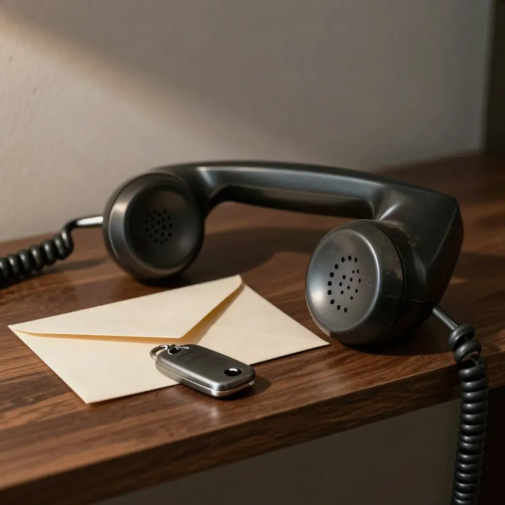 Cornetta telefono, busta chiusa e chiave auto su mensola in legno scuro