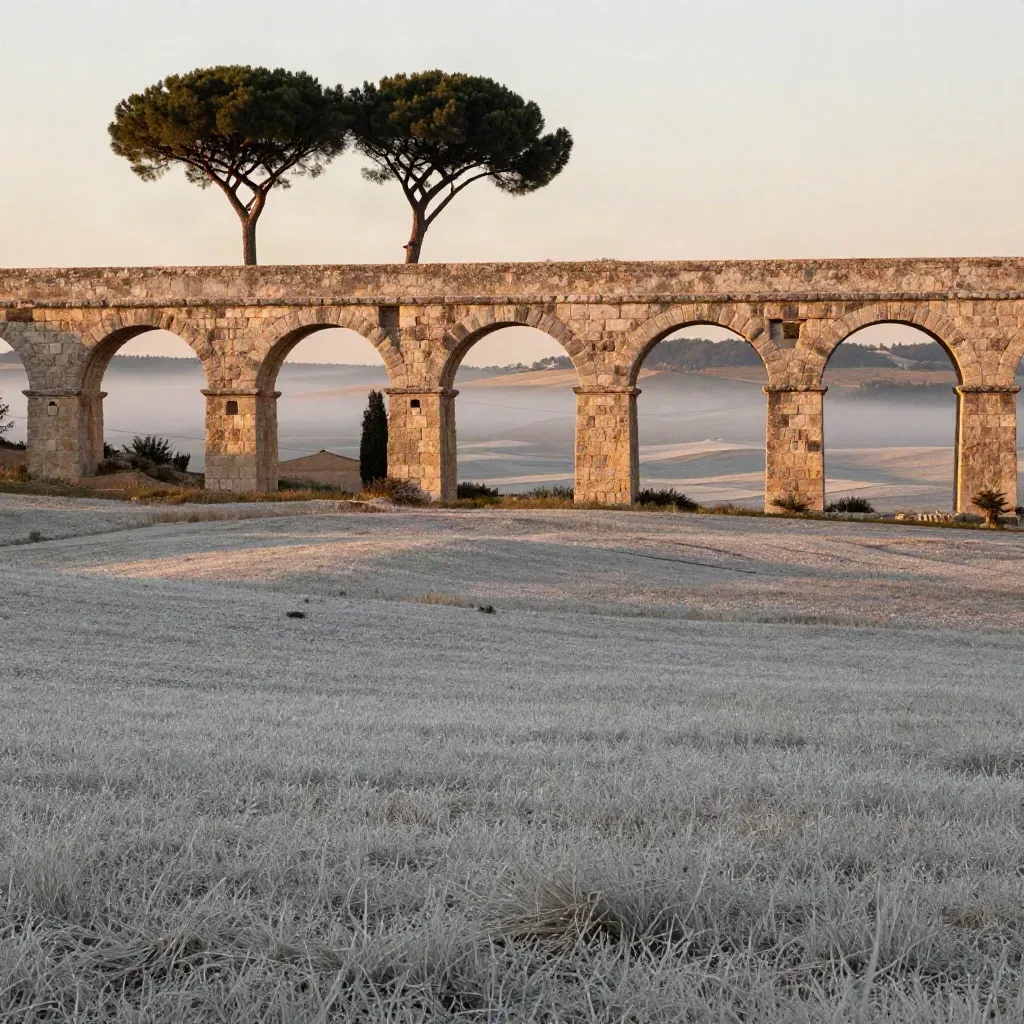 Acquedotto romano e pini domestici nella campagna laziale all’alba